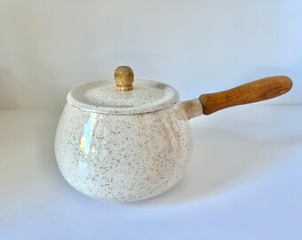 Vintage 1960’s Speckled Enamel Fondue with Wooden Handle | Mid Century Cookware | Cooking Enamel |