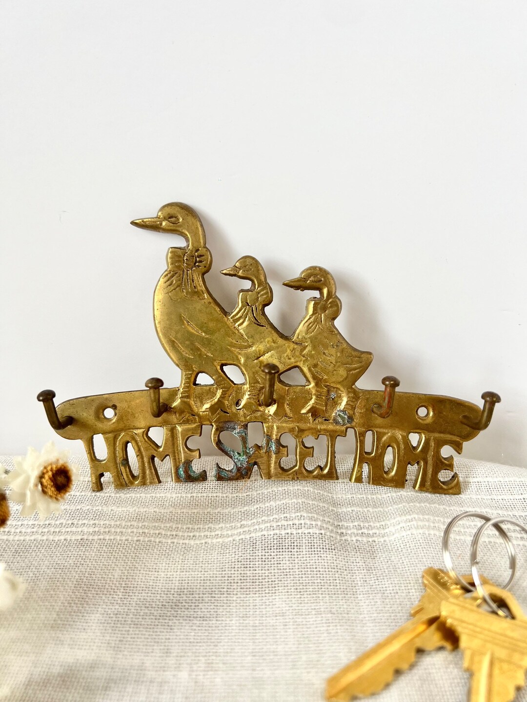 Vintage Brass Wall Ducks Key Holder Home Sweet Home Key Holder Retro