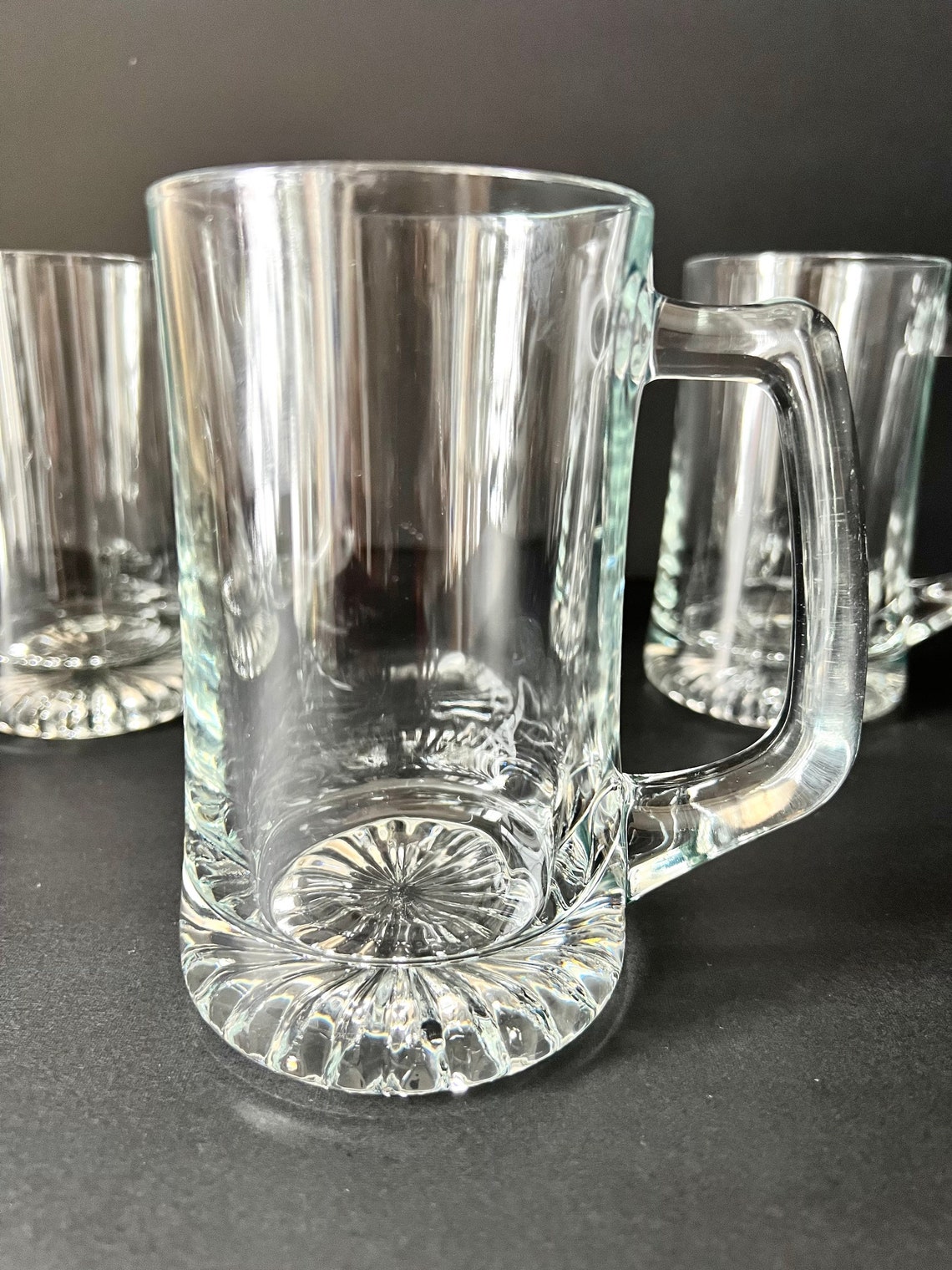 Vintage Clear Glass Beer Mugs With Handle Vintage Barware Beer Etched Glass Mugs Made in France