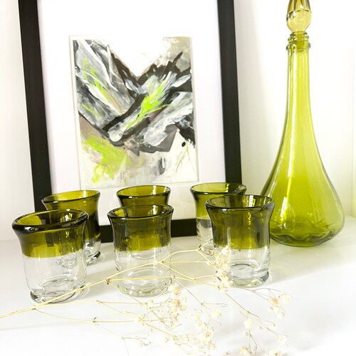 Vintage 1930’s shops Olive Green and Clear Hand Blown Glasses | Vintage Set of Green Glasses | Art Glass | Vintage Glassware