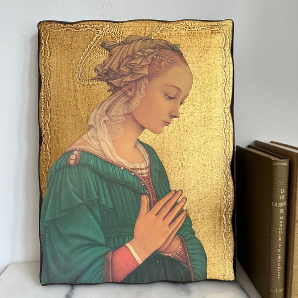 Vintage Italian Florentine Gilded Wood Plaque of Virgin Mary in Adoration Filippo Lippi Ditta - G. Bracci with 23K Gold Leaf