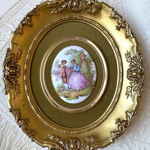 Vintage 11.5” Porcelain Limoges Cameo Wall Decor | French Ornate Limoges Fragonard Plaque | Gold Rococo Decor | Hollywood Regency