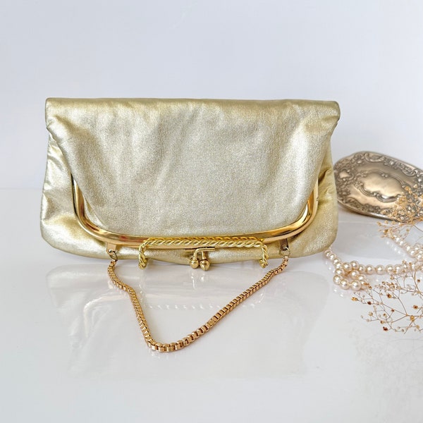 Vintage Evening Golden Fold-Over Kiss Lock Clutch Bag | 1960's Glamorous Lady's Clutch Bag with Golden Chain Strap | vintage handbag