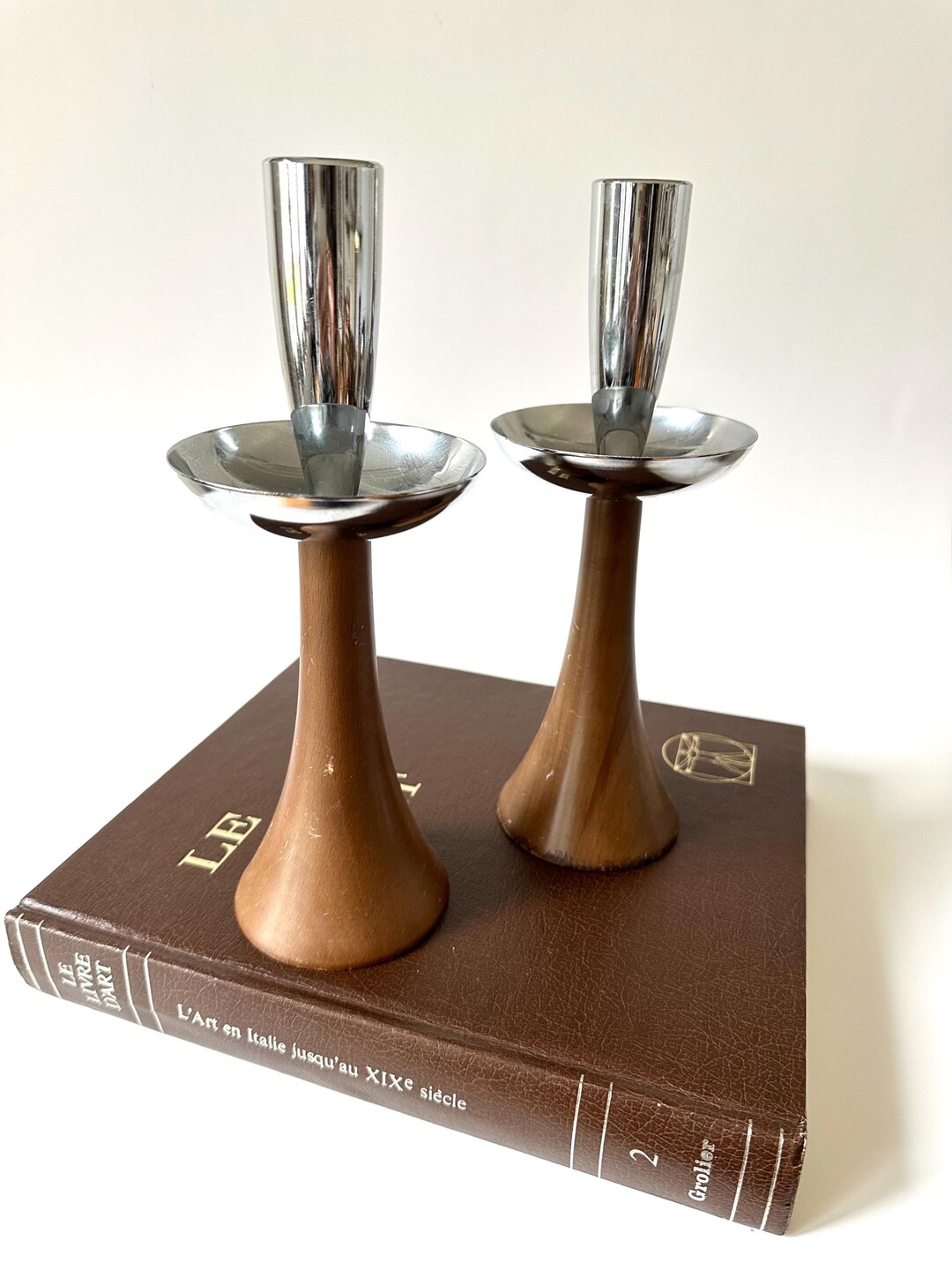 Vintage MCM Teak Wood and Stainless Steel Danish Candlestick Holders ...