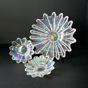 Vintage Starburst Celestial Iridescent Rainbow Decorative Glass Bowls | Federal Glassware | Carnival Glass Set of 4 Bowls