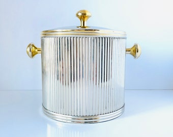 Vintage French ART Deco Brass Ribbed Ice Bucket | 1970s Silver Plated Ice Bucket with Gold Handles | Barware France Made