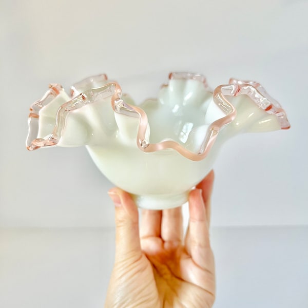 Fenton White Opalescent Bowl with Ruffled Pink edge | Vintage Home decor