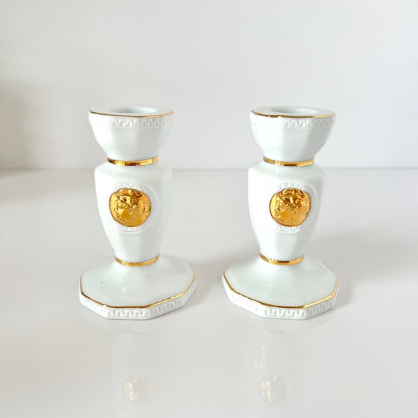 Vintage Gold Trimmed White Limoges Porcelain Cameo Candlestick Holders | Set of 2 | made in Italy