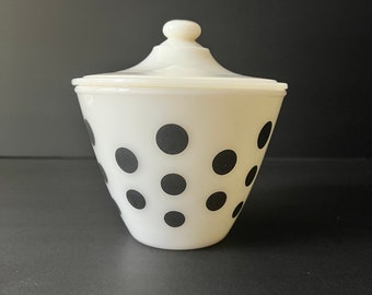 Rare - Vintage Fire King Black Polka Dots Jar with Lid | Retro Modern Kitchen | White Milk Glass with Black Dots Pot