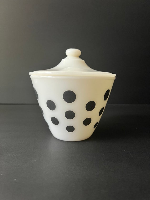 Rare - Vintage Fire King Black Polka Dots Jar With Lid