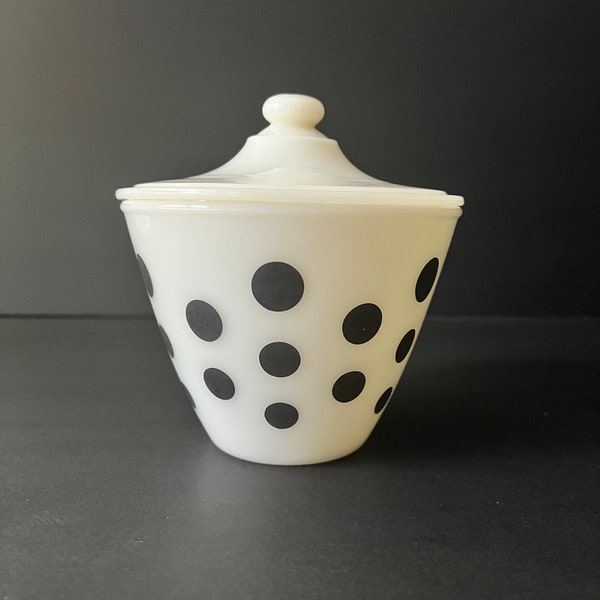 Rare - Vintage Fire King Black Polka Dots Jar with Lid | Retro Modern Kitchen | White Milk Glass with Black Dots Pot