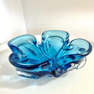 Mid Century Art Glass Blue Hand Blown Glass Bowl | 1960 Italian Murano Glass Bowl