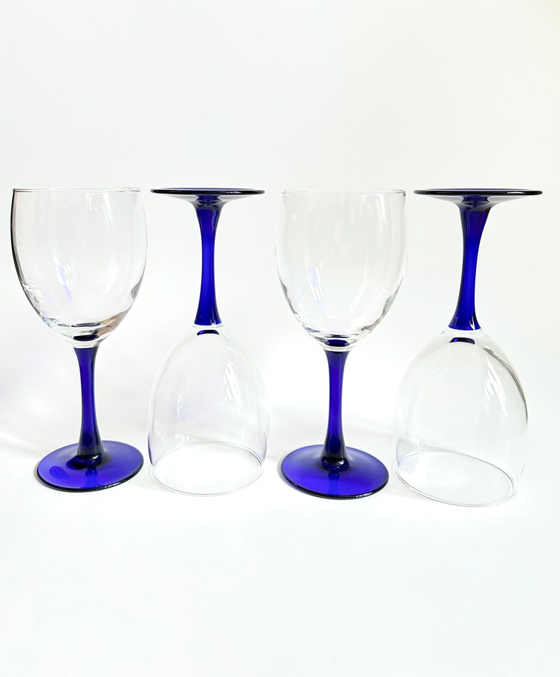 Vintage Luminarc France Cobalt Blue Stem Wine Glasses With Clear