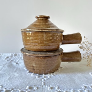 Vintage Ceramic Earth Tones Soup Bowls with Handle and Lid | Glazed Pottery Gravy Boats | French Onion Soup Vented Crock Bowls