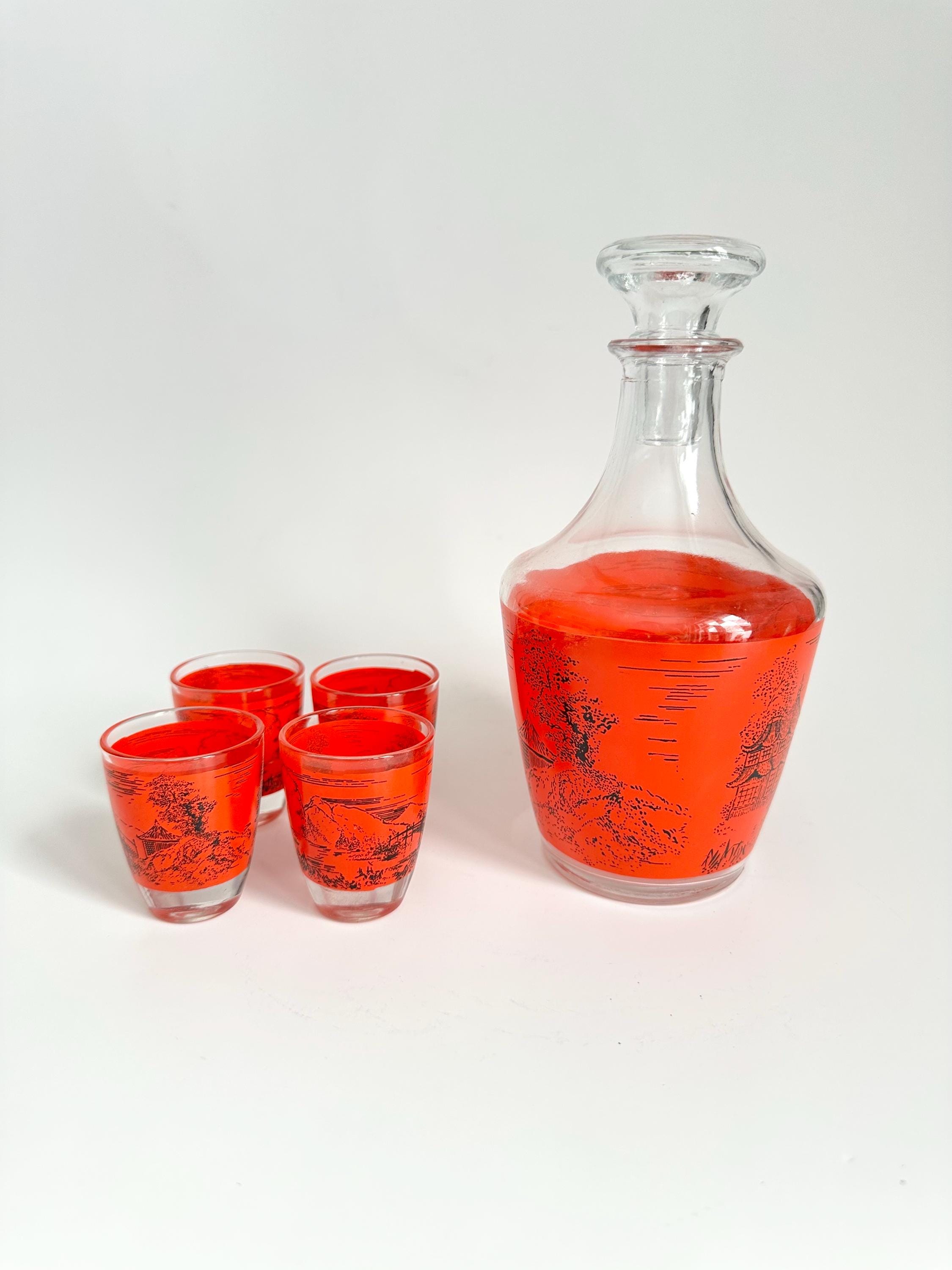 Vintage MCM Glass Decanter With Stopper & Set of 4 Small Glasses