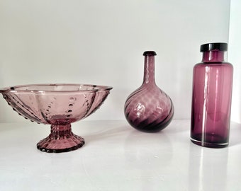 Vintage Amethyst Pedestal Compote Bowl & Glass Vases | Home Decor | Purple Flower Compote | Balloon Bud Vase | Bottle Glass Vase