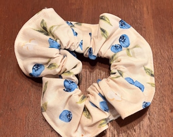 Blueberry Blossom Floral Scrunchie – Handmade Fabric Hair Tie