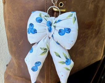 Blueberry Blossom Fabric Puffy Bow Bag Charm | Handmade Bow Keychain