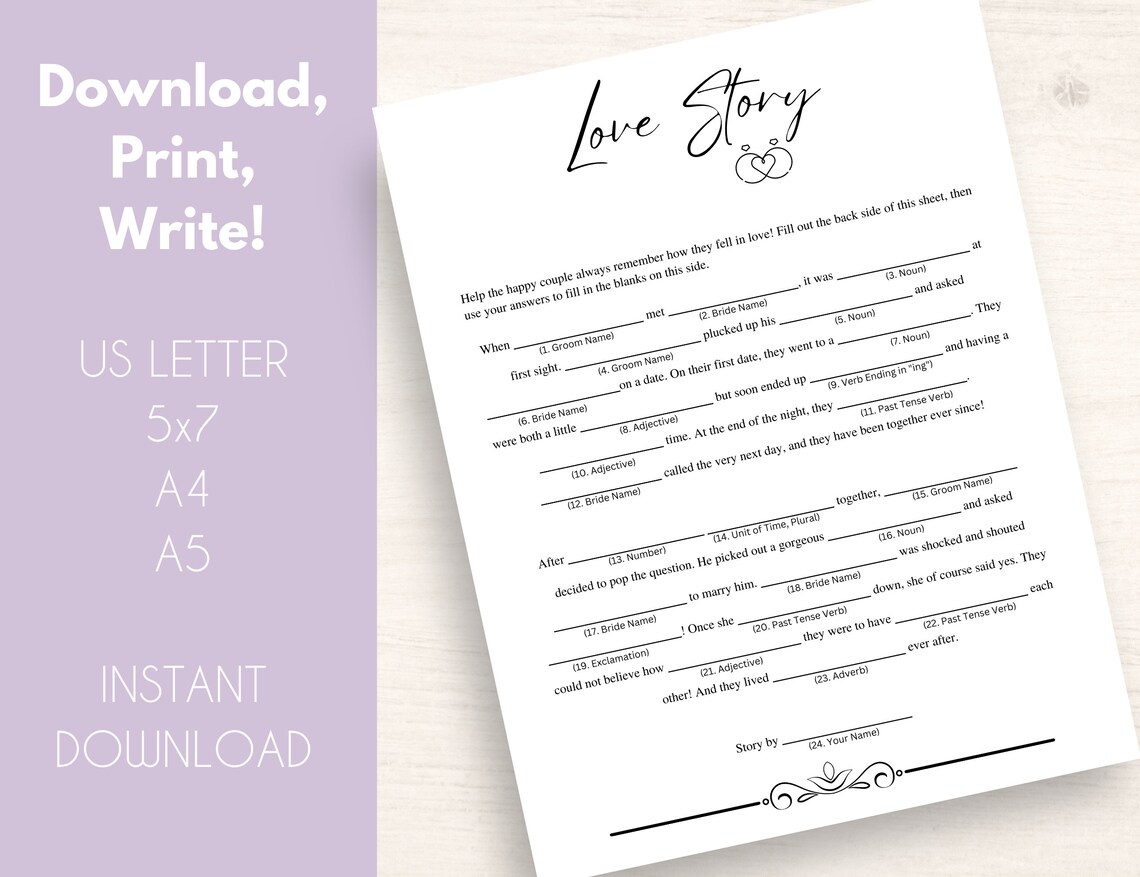 Love Story Mad Libs for Wedding Wedding Mad Libs Printable Wedding ...
