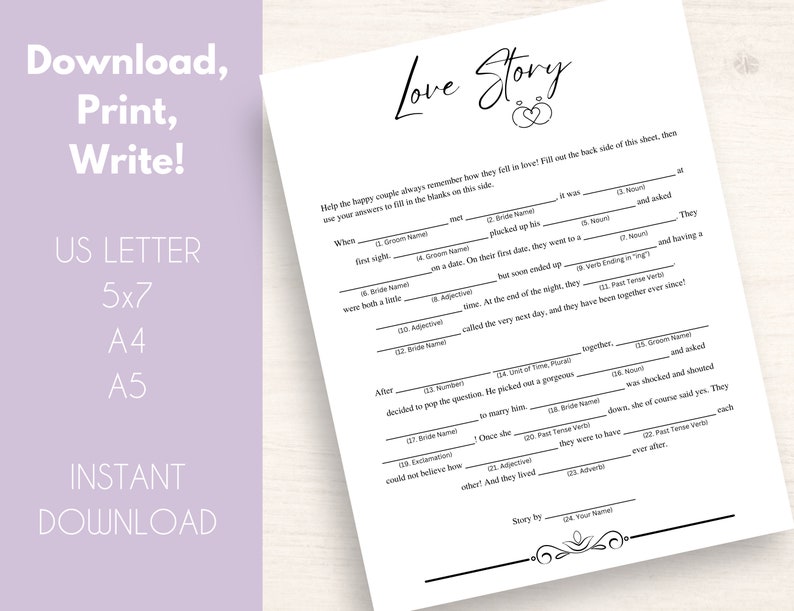 Love Story Mad Libs for Wedding | Wedding Mad Libs | Printable Wedding ...