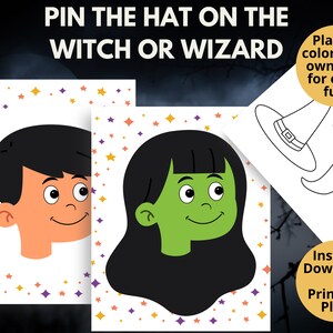 Pin the Hat on the Witch Game | Pin den Hut auf dem Zauberer | Druckbares Halloween Spiel | Halloween Party Spiel | Kinder Halloween Spiel