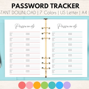Password Tracker Printable to Organize your Internet Logins and Passwords | Seven colors in US Letter, A4, and A5 Planner inserts