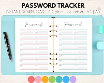 Password Tracker Printable to Organize your Internet Logins and Passwords | Seven colors in US Letter, A4, and A5 Planner inserts