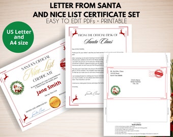 Certificat de belle liste et lettre du père Noël Set | Lettre personnalisée et modifiable du Père Noël