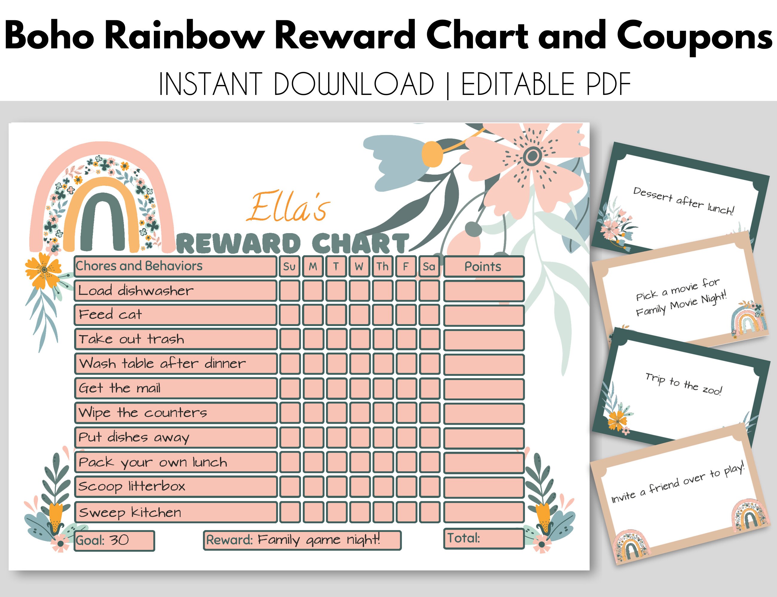 Reward Chart With Boho Rainbow Floral Theme | Editable Chore Chart for ...