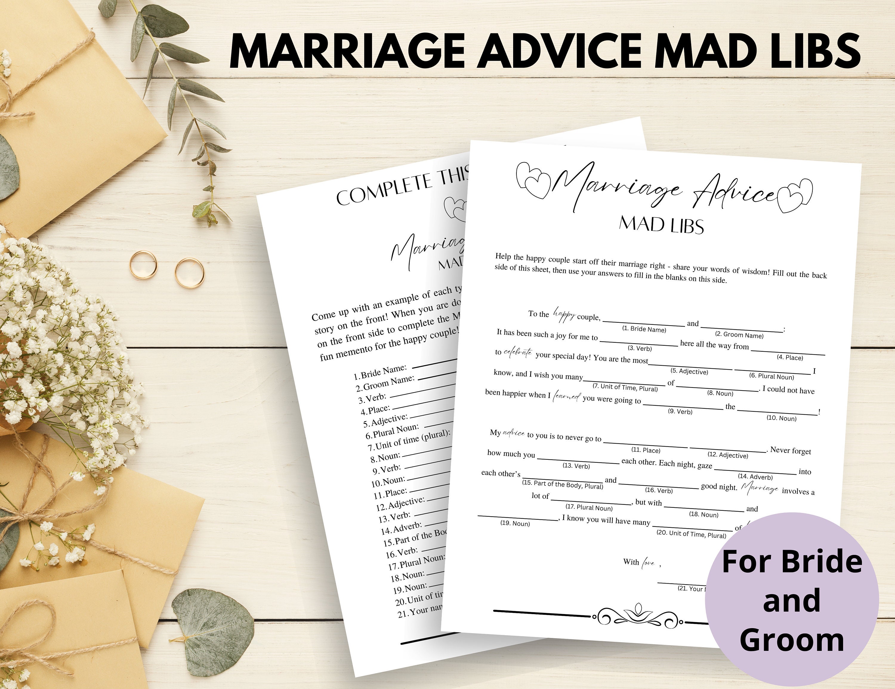 Marriage Advice Mad Libs for Wedding Wedding Mad Libs Printable Wedding Games Bridal Mad Libs ...