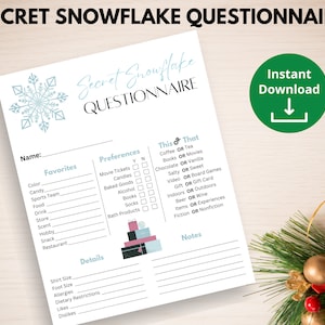 Secret Snowflake Questionnaire Printable | Secret Santa Christmas Gift Ideas for Coworkers at Office Party