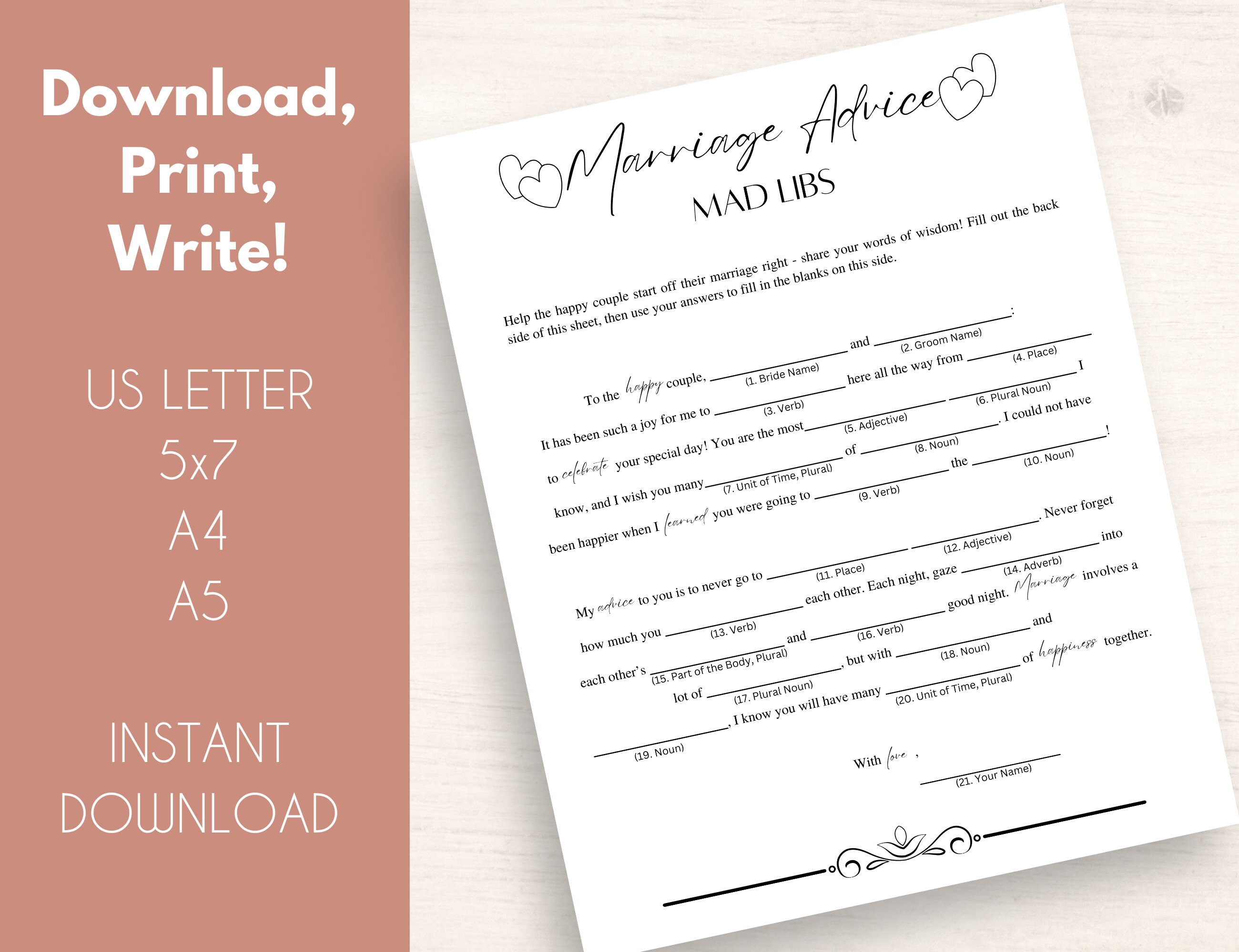 Marriage Advice Mad Libs for Wedding | Wedding Mad Libs | Printable Wedding Games | Bridal Mad ...