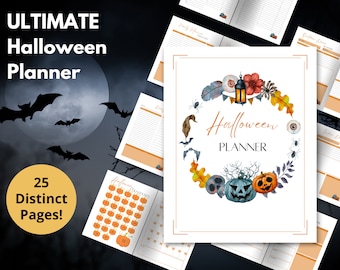 May include: A printable Halloween planner with 25 pages. The cover features a watercolor wreath with pumpkins, bats, and an eye. The text "Halloween Planner" is written in a decorative font.