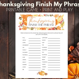 Thanksgiving Finish My Phrase Game | Thanksgiving Printable Games for Kids, Teens, and Adults