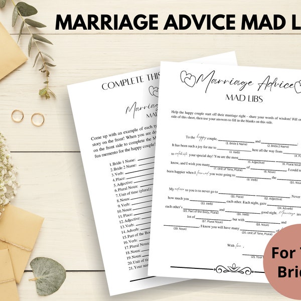 Marriage Advice Mad Libs for Two Brides | Wedding Mad Libs | Lesbian Wedding Games | Bridal Mad Libs | Wedding Activity Sheets