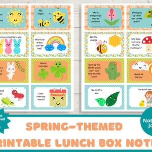 May include: A set of 16 printable lunchbox notes with spring-themed jokes and puns. The notes feature colourful illustrations of a bunny, a bee, a mushroom, a cactus, a clover, a ladybug, a rainbow, a flower, an umbrella, a hot air balloon, a duck, and a calendar. The notes are designed to be printed and cut out, and can be used to add a little fun to a child's lunchbox.