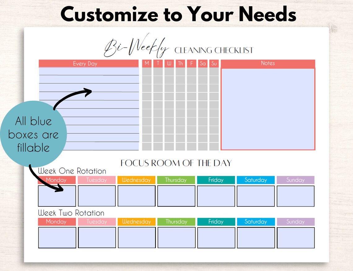 Editable Bi-weekly Cleaning Schedule Printable With Cleaning Checklist for Each Room - Etsy