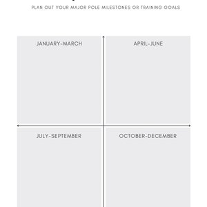 Op de afbeelding: Een printbare driemaandelijkse pole-doellijstplanner met een raster dat is verdeeld in vier secties. De secties zijn gelabeld januari-maart, april-juni, juli-september en oktober-december.