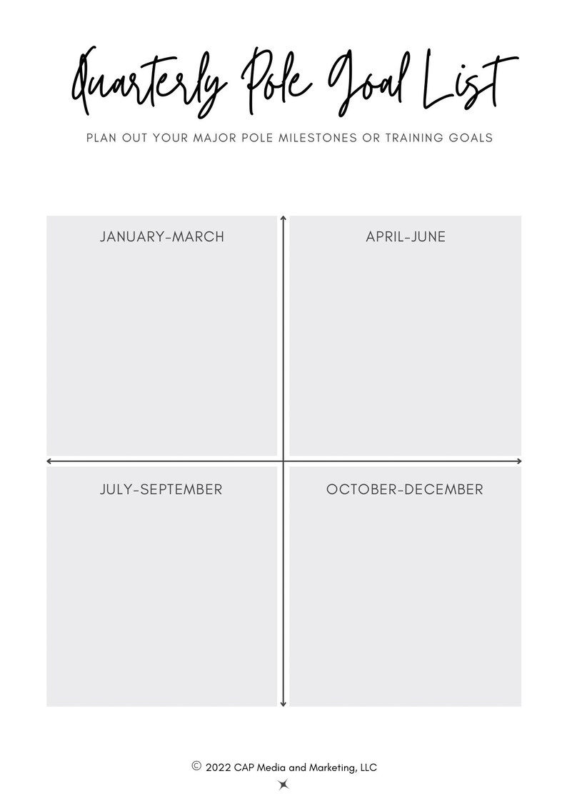 Op de afbeelding: Een printbare driemaandelijkse pole-doellijstplanner met een raster dat is verdeeld in vier secties. De secties zijn gelabeld januari-maart, april-juni, juli-september en oktober-december.