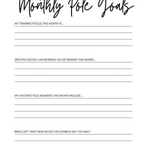 Op de afbeelding: Een printbare maandelijkse pole dance doelen tracker met secties voor maand, jaar, trainingsfocus, specifieke moves, favoriete momenten en een opscheplijst. De tekst "Monthly Pole Goals" is geschreven in zwarte cursieve letters.