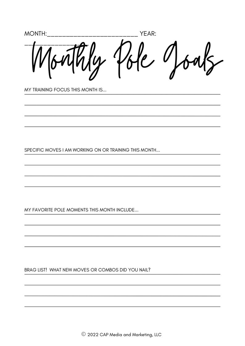Op de afbeelding: Een printbare maandelijkse pole dance doelen tracker met secties voor maand, jaar, trainingsfocus, specifieke moves, favoriete momenten en een opscheplijst. De tekst "Monthly Pole Goals" is geschreven in zwarte cursieve letters.