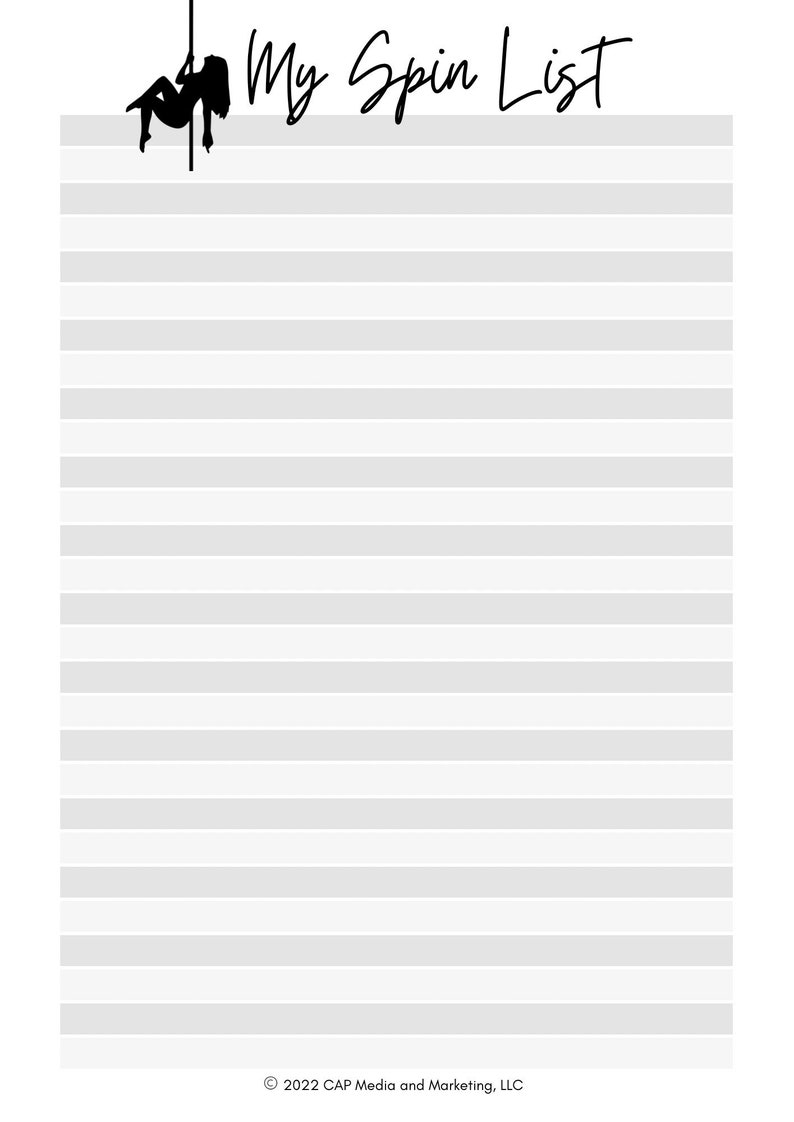 Op de afbeelding: Een afdrukbare checklist met de tekst "My Spin List" bovenaan. De checklist is ontworpen voor pole dance en bevat een silhouet van een vrouw op een paal.