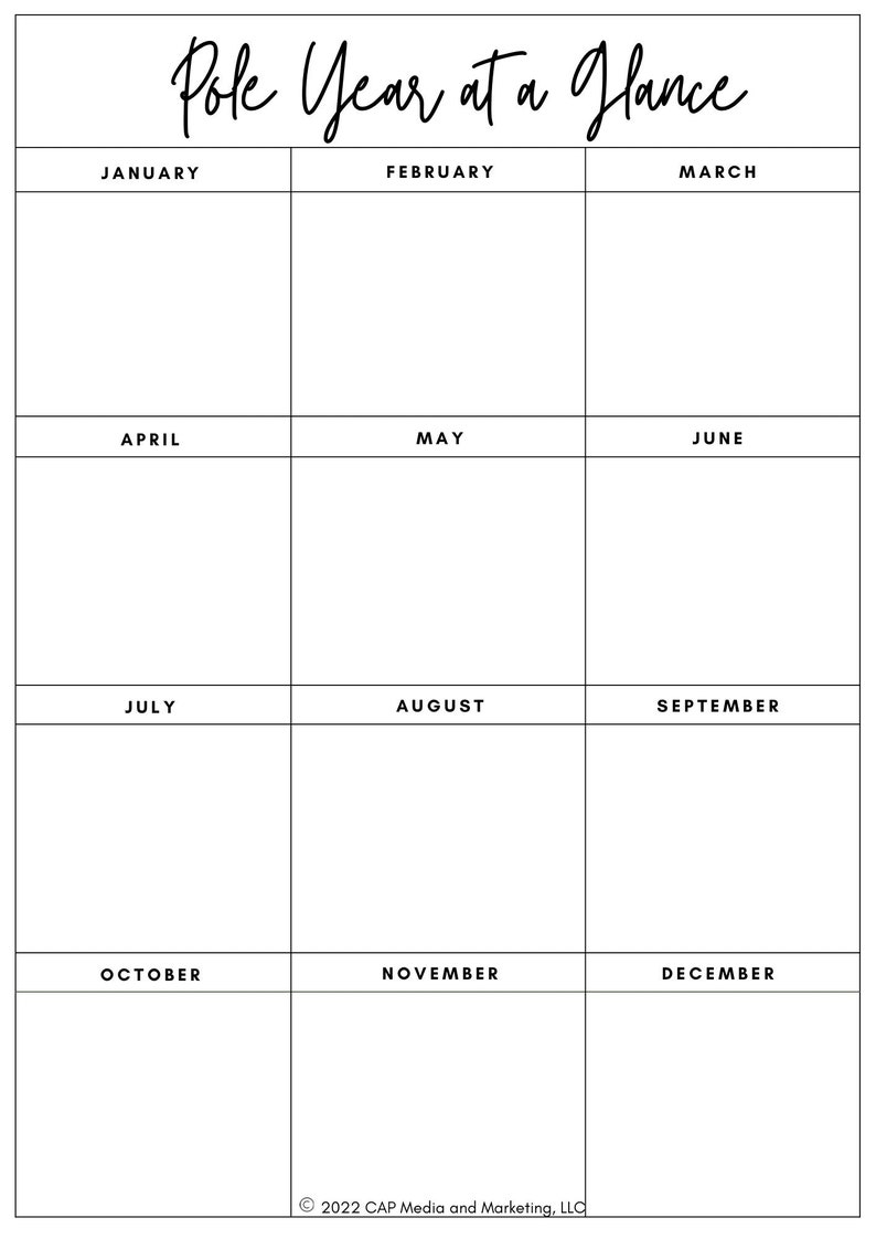 Op de afbeelding: Een printbare kalender sjabloon om een jaar in &eacute;&eacute;n oogopslag te plannen. De kalender is verdeeld in 12 maanden, met voor elke maand een eigen vak. De maanden zijn gelabeld van januari tot en met december.