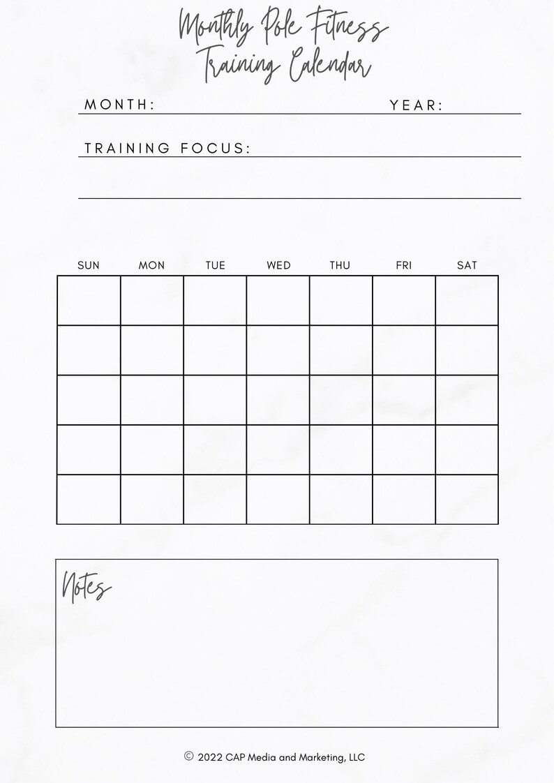 Op de afbeelding: Een printbare maandelijkse pole fitness training kalender met secties voor maand, jaar, trainingsfocus en notities. De kalender heeft een raster voor elke dag van de week, met de dagen van de week gelabeld bovenaan.