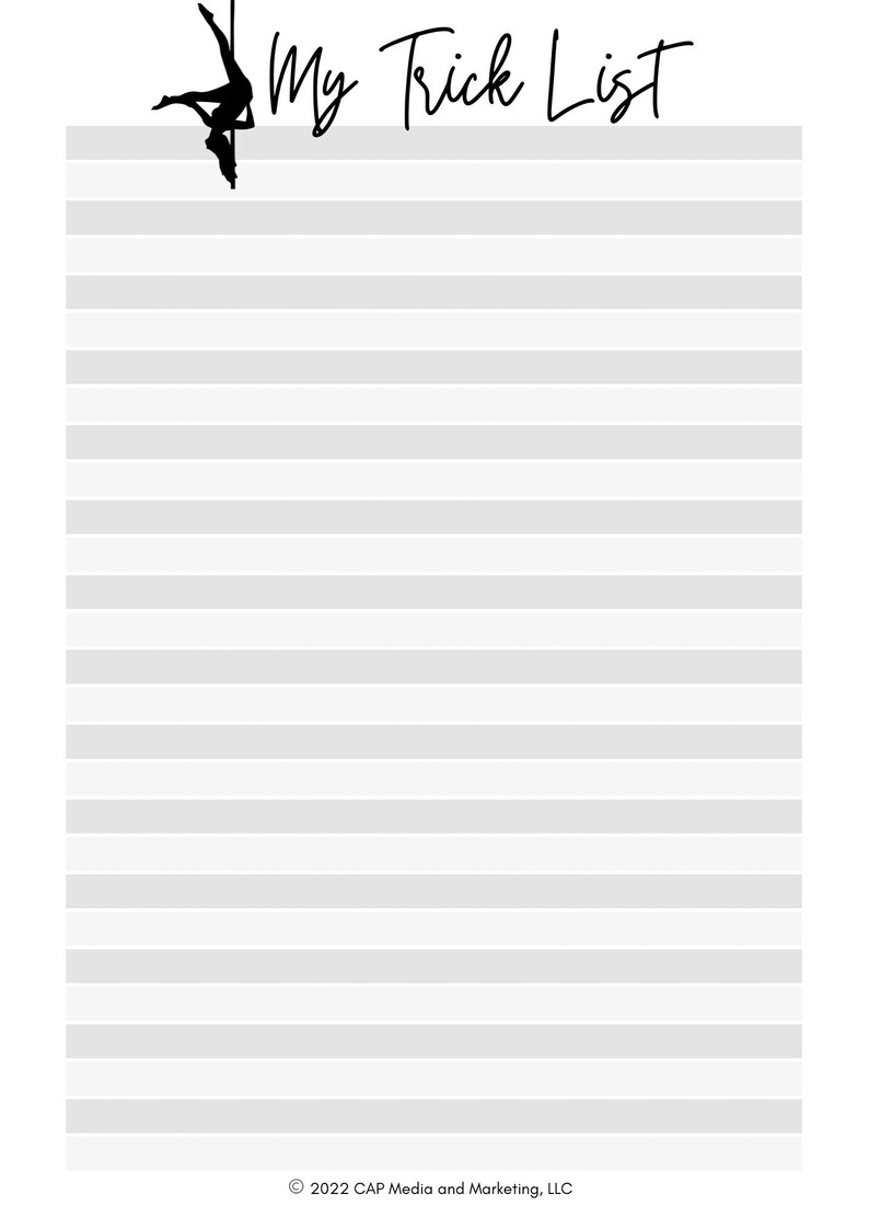 Op de afbeelding: Een afdrukbare checklist met de tekst "My Trick List" bovenaan. De checklist is ontworpen voor pole dancers om hun voortgang bij te houden.