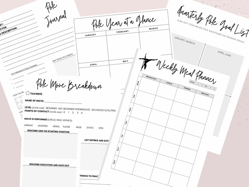 Op de afbeelding: Printbare plannerpagina's voor pole dance, inclusief een pole-journaal, een jaaroverzichtkalender, een driemaandelijkse doelenlijst, een uitsplitsing van pole-bewegingen en een wekelijkse maaltijdplanner.