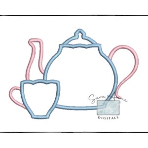 Teapot and Teacup Digital Machine Embroidery Applique Design, 3 sizes,  Teapot Applique, Teacup Applique, Tea Time Applique, Tea Party
