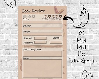Printable Book Review - Half Sheet -Fits A5 Binders-5 Spiciness Levels & Heart Rating