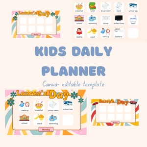 Puede incluir: Una plantilla de planificador diario imprimible colorido para niños con un diseño retro. La plantilla presenta un horario para "Lauren's Day" y "Barry's Day" con espacios para actividades como despertarse, desayunar, cepillarse los dientes, ir a la escuela, merendar, nadar y acostarse. La plantilla es editable y se puede personalizar con diferentes actividades y nombres.