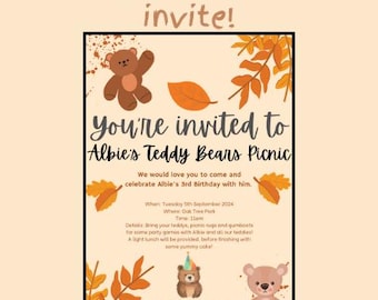 Convite para piquenique com ursinhos de pelúcia, convite de aniversário, convite de aniversário com piquenique de ursinhos de pelúcia